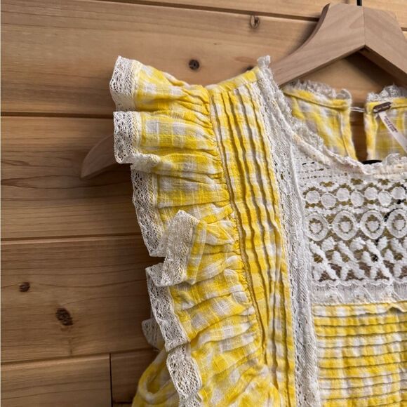 Free People Size 2/XS Yellow Gingham Lace Blouse Shorts Tessa Set - Picture 3 of 11